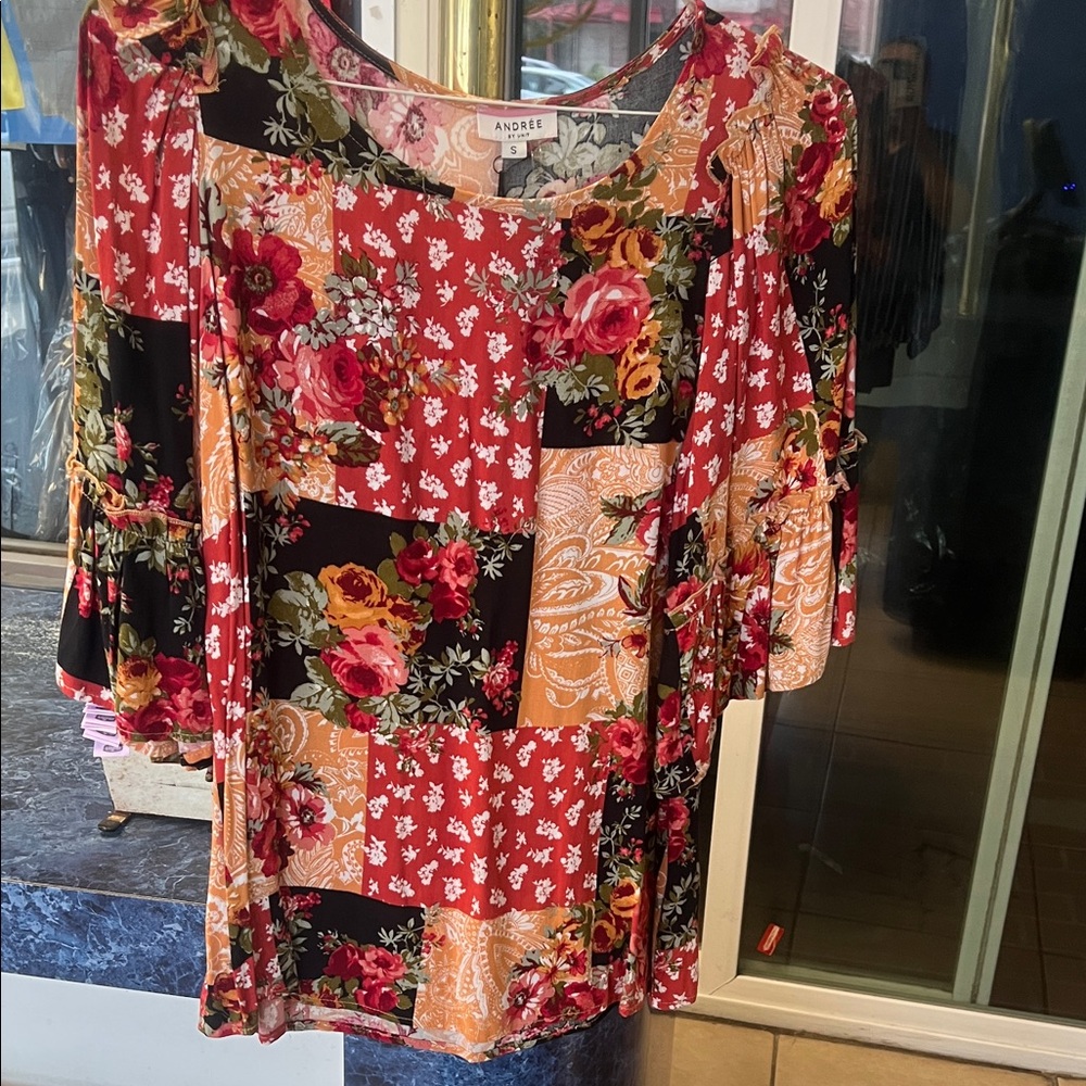 Andree Patchwork Floral Blouse - Red, Black, and Orange
